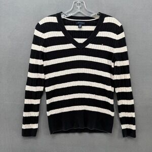 Tommy Hilfiger V-Neck Sweater Womens Black White Striped Cable Knit Size L